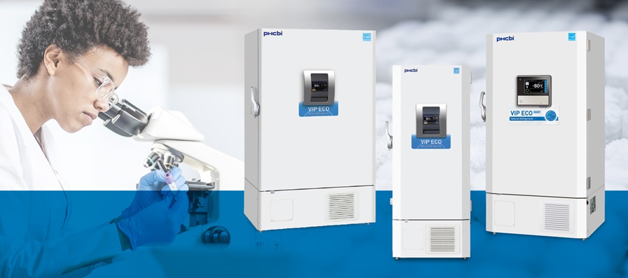 VIP ECO ultra-low freezer with lady looking at a biological sample